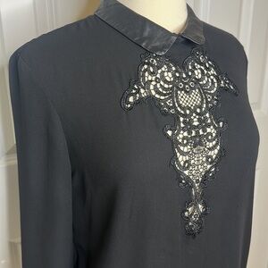 The Kooples Leather Collar Black Top with Lace Detail Sz2